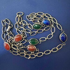 Postwar Corocraft 46” Long Necklace • 1940s Silver-Tone • Multi-Color Cabochons